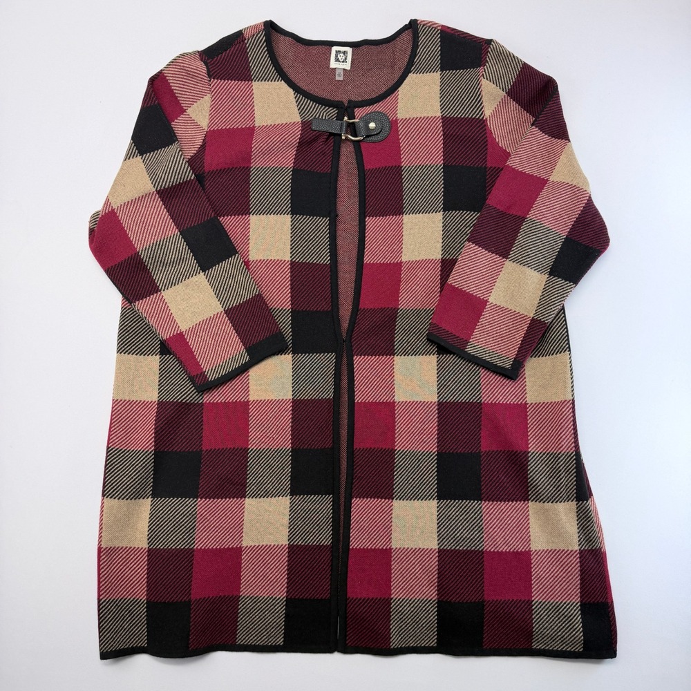 Anne Klein Womens 2X Red Black Plaid Buckle Front Knit Cardigan Sweater